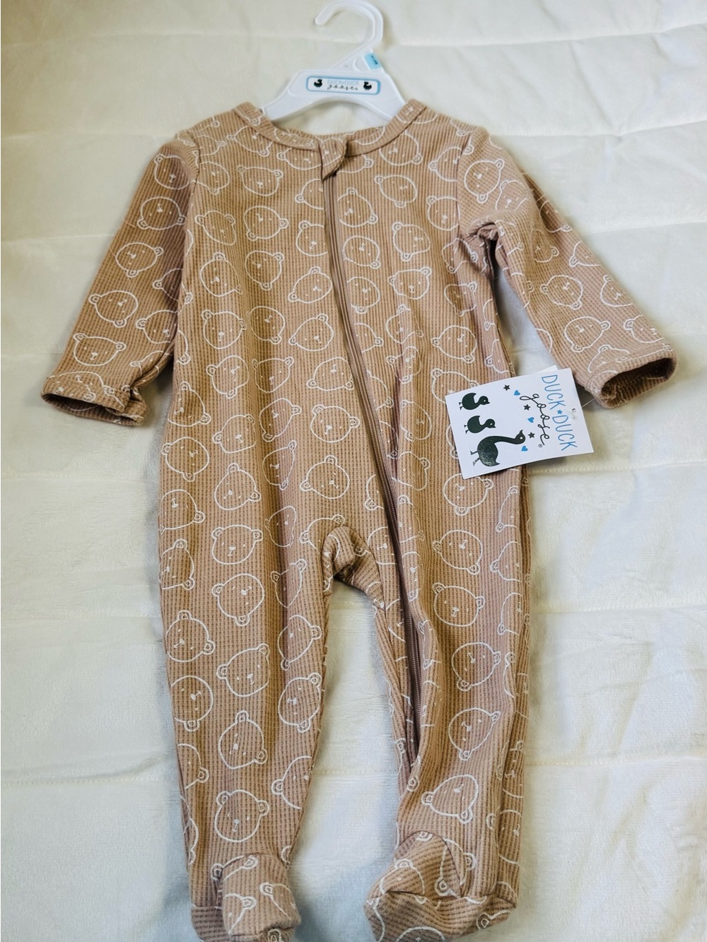 Duck Duck Beige Bear-Print Footed One-Piece